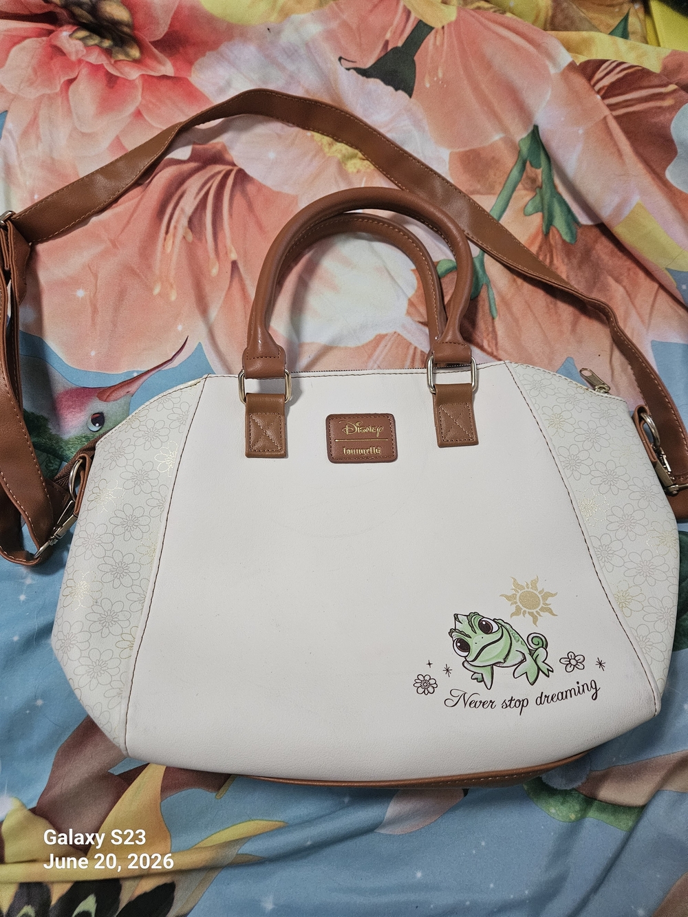 Disney Tangled  White & Brown Crossbody Satchel - "Never Stop Dreaming"